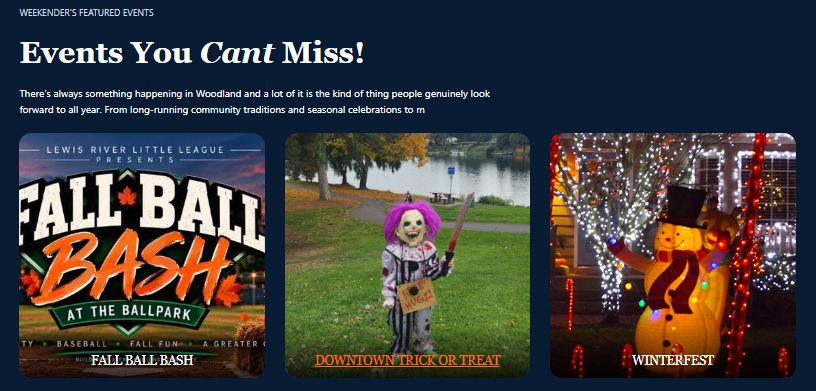 A webpage promoting Christmas and fall events, featuring three images: a fall baseball bash poster, a clown dressed for trick or treat, and a decorated house with illuminated pumpkins and outdoor lights.