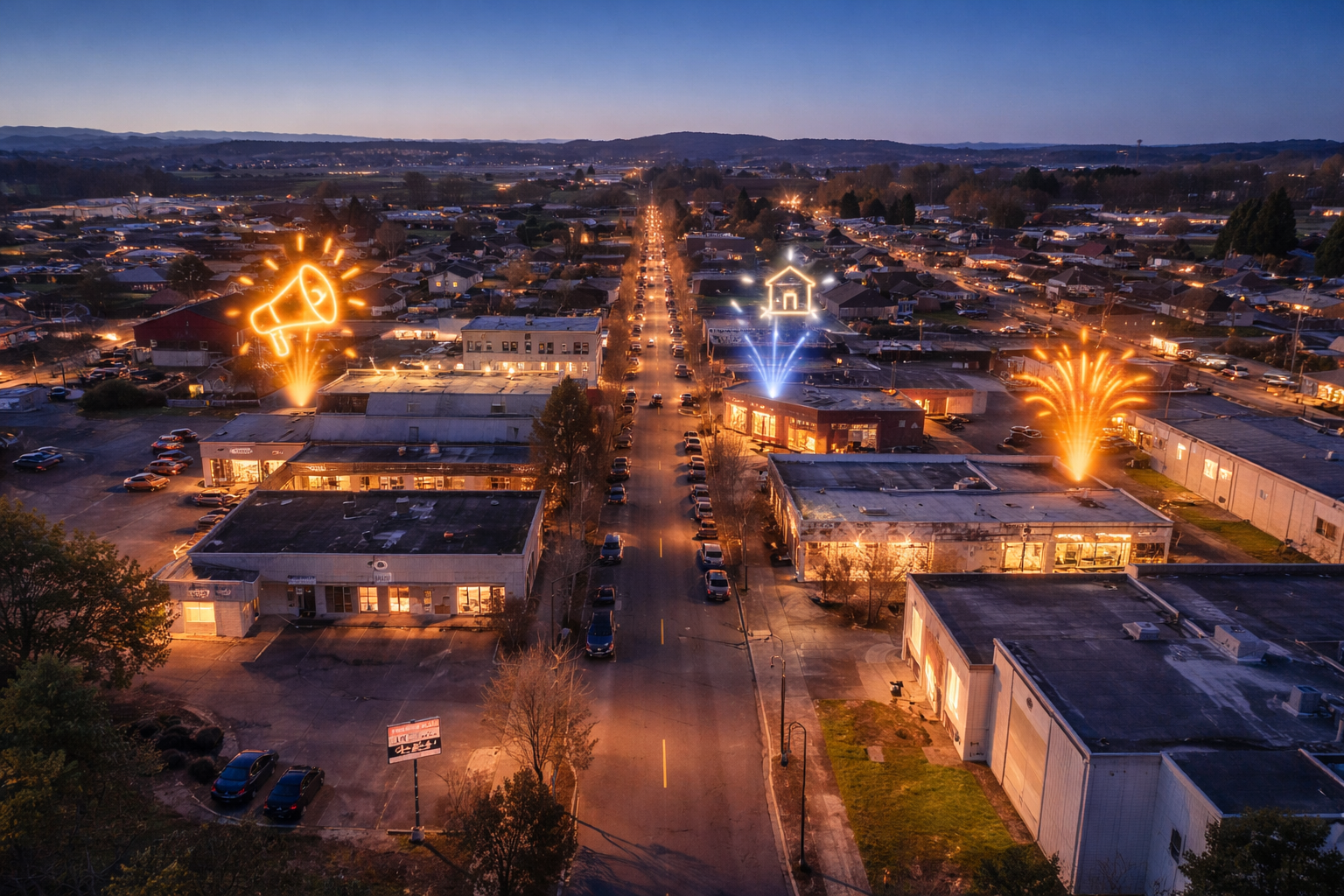Nighttime aerial view of Woodland, WA with illuminated buildings and streets, decorated with glowing neon signs symbolizing Woodland's Discovery Network