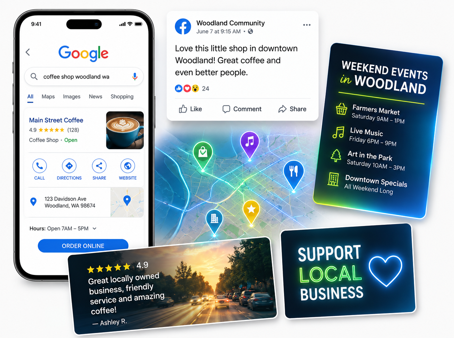A smartphone displaying a Google search for a coffee shop in Woodland, Washington, with business details and a map. Surrounding the phone are social media posts, event listings, a map with icons, and promotional messages supporting local businesses and community events.