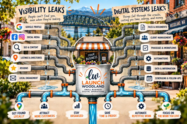 An infographic illustrating how small businesses can improve digital operations through visibility and digital systems leaks, featuring pipes connecting to various digital tools and strategies.