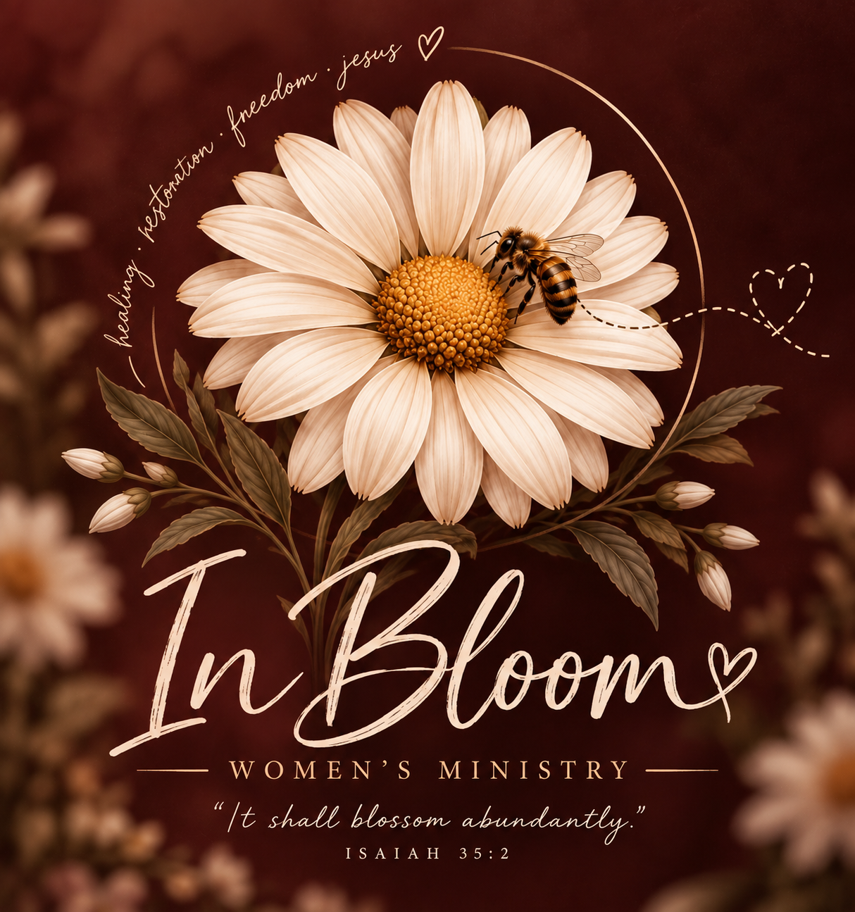 A white daisy flower with a bee on its petal, surrounded by leaves and buds, with the words 'In Bloom' and a Bible verse from Isaiah 35:2 about abundance and blossoming in a women's ministry context.