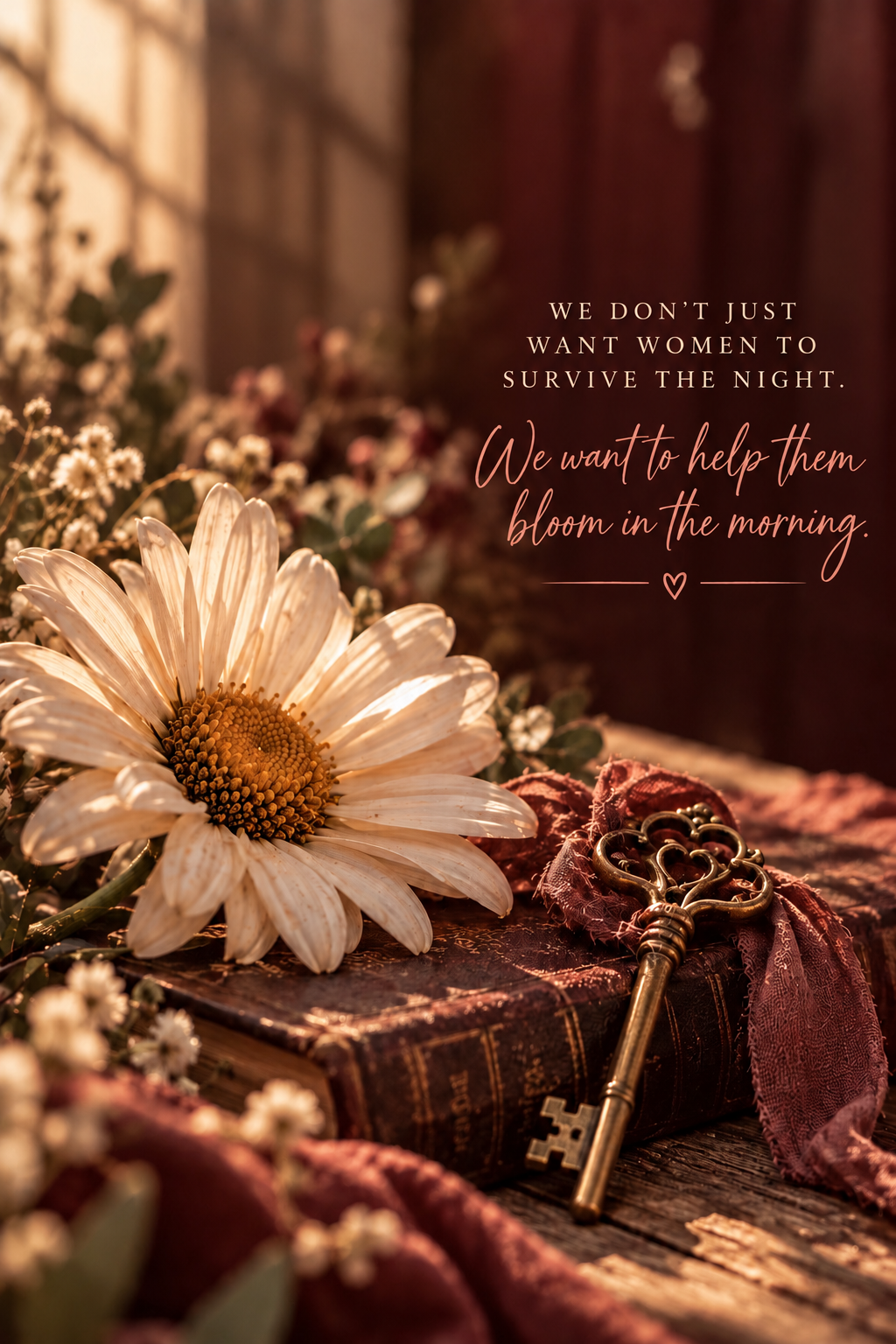 A large daisy flower resting on an old, worn book with a vintage key and a pink lace ribbon nearby. Soft light illuminates the scene, with a background filled with smaller flowers and greenery. Text overlay reads, 'We don't just want women to survive the night. We want to help them bloom in the morning.'