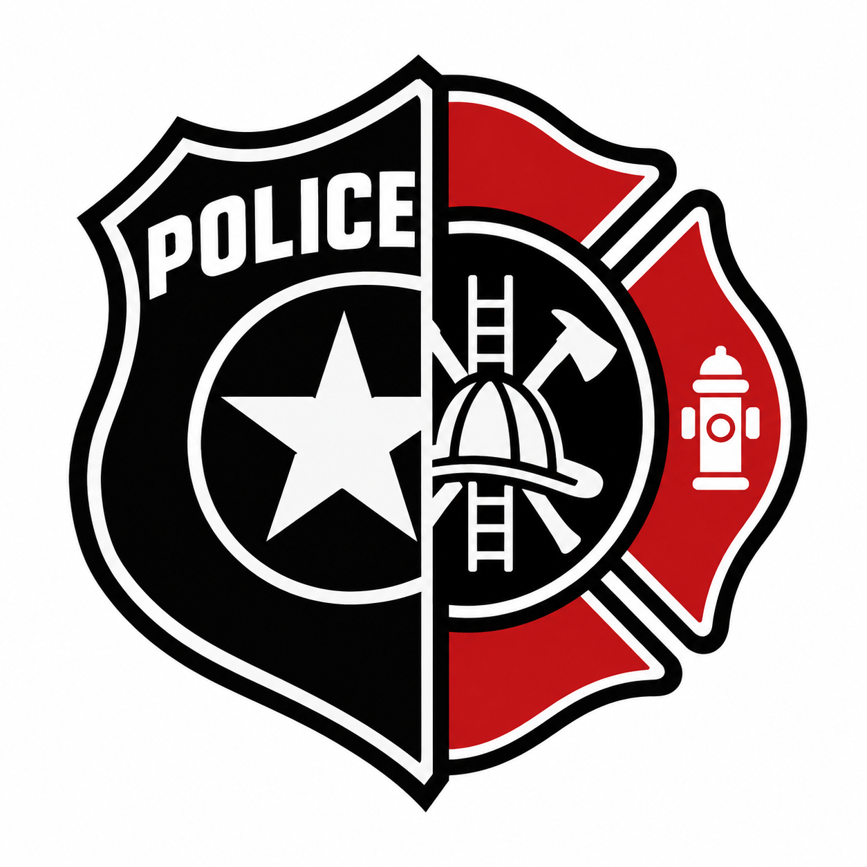 A combined police and fire department emblem featuring the word "POLICE" on a badge with a star, a firefighter's helmet, ladder, axes, and a fire hydrant.
