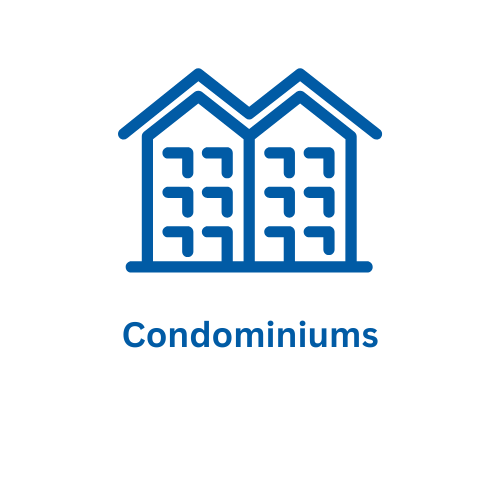 Icon of two connected apartment buildings with windows, above the word 'Condominiums'.