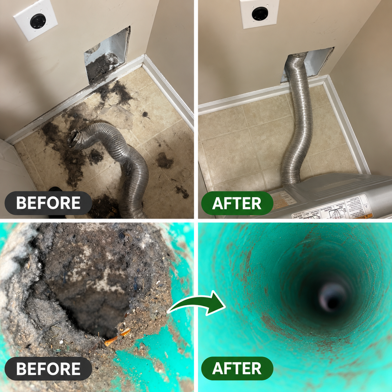 A before-and-after comparison of a vent cleaning. The before images show a dirty vent with dirt and debris, while the after images show a clean vent with a metallic vent pipe. The images highlight the cleaning process for a ventilation duct.
