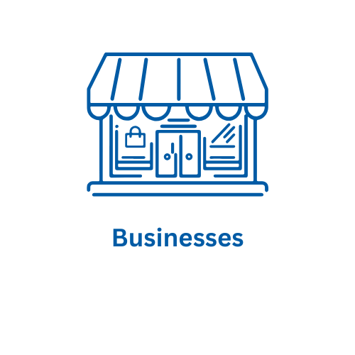 Line drawing of a storefront with an awning, door, windows, and a small hanging sign, labeled 'Businesses'.