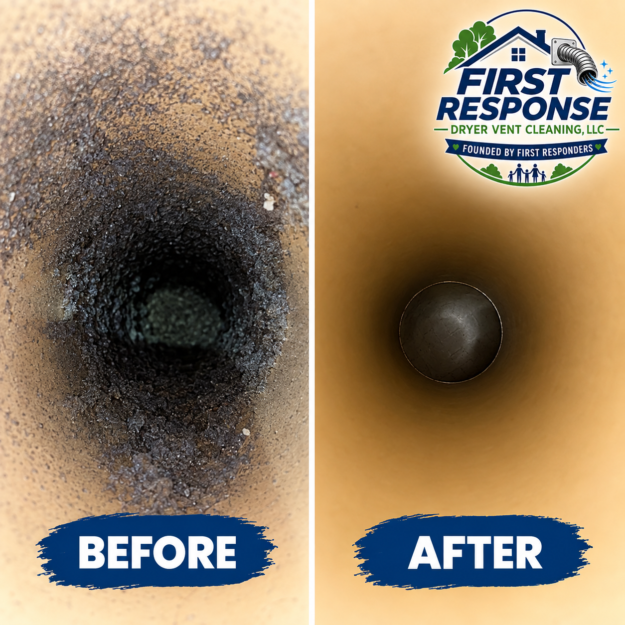 Before and after images of a dryer vent cleaning. The left side shows a clogged, dusty vent. The right side shows a clean vent with a logo for First Response Dryer Vent Cleaning, LLC.