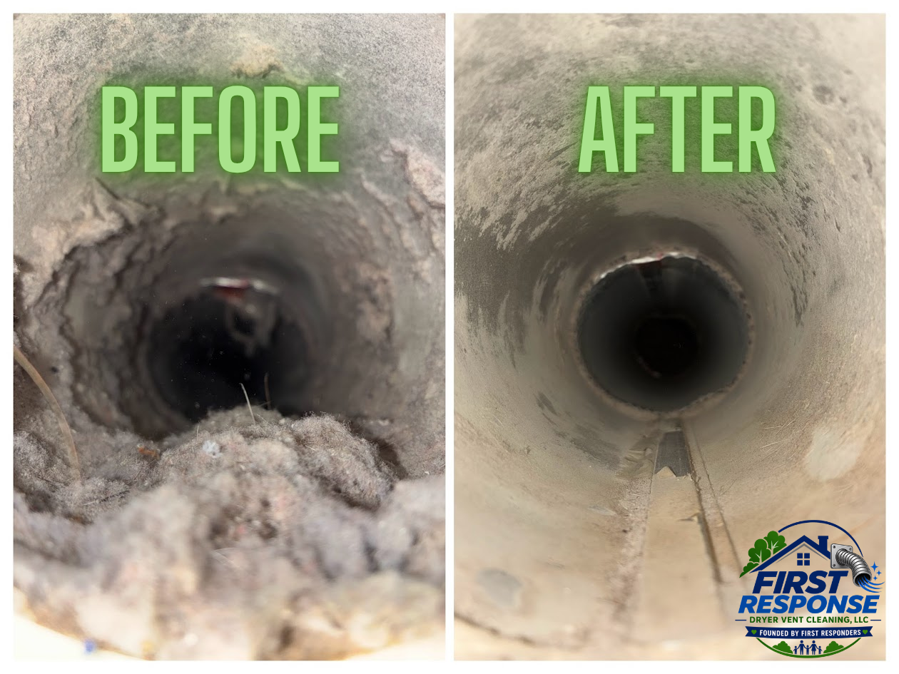 Comparison of a pipe before and after dryer vent cleaning, showing a dirty pipe on the left and a clean pipe on the right, with the logo of First Response Dryer Vent Cleaning.