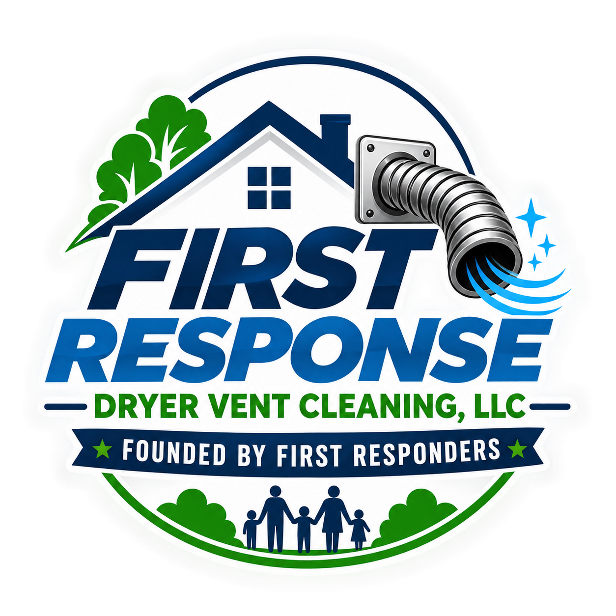 Logo for First Response Dryer Vent Cleaning LLC featuring a house with green trees, a ventilation pipe, and a family holding hands.