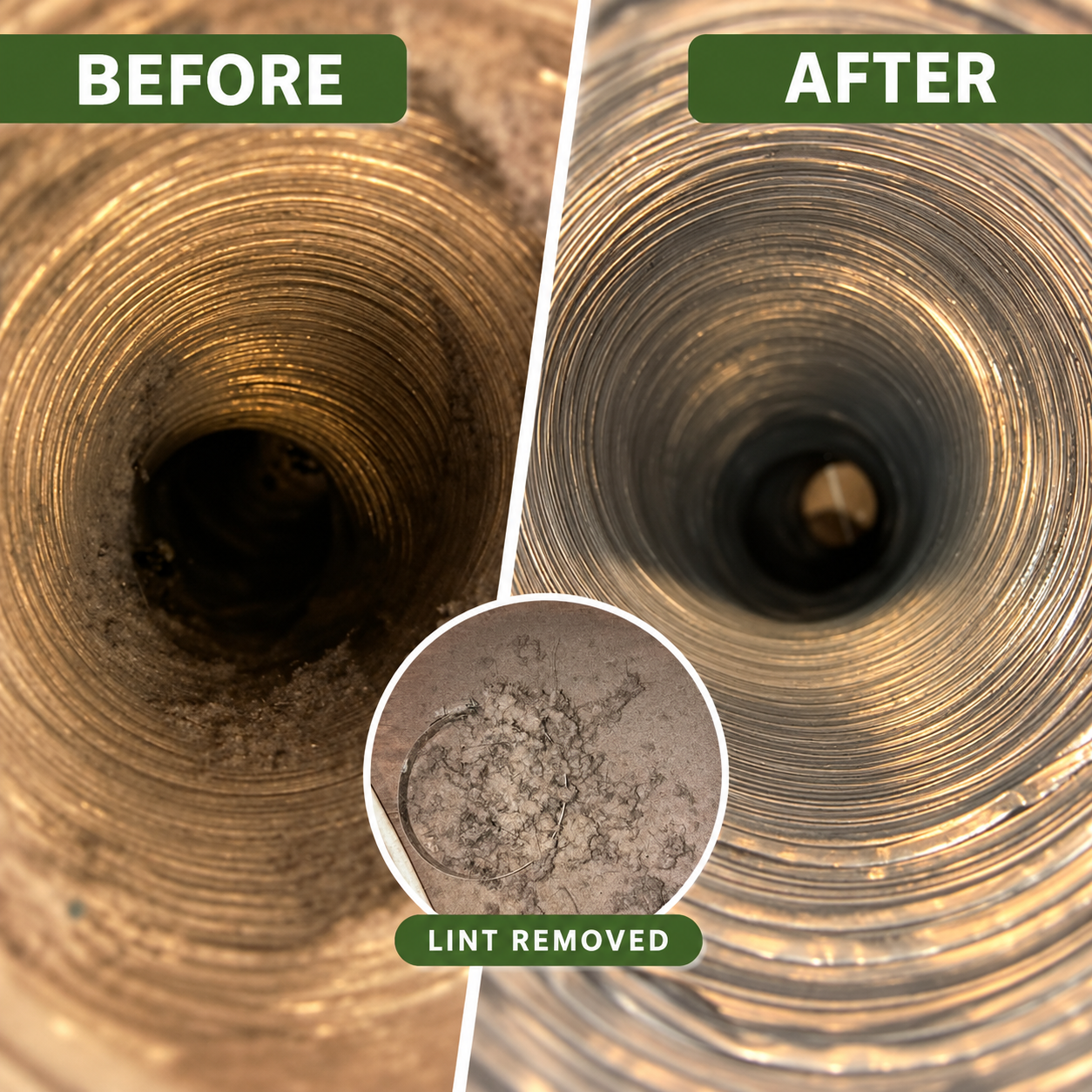 Comparison of a metal pipe before and after cleaning, showing removal of dirt and grime, with an inset of removed lint.
