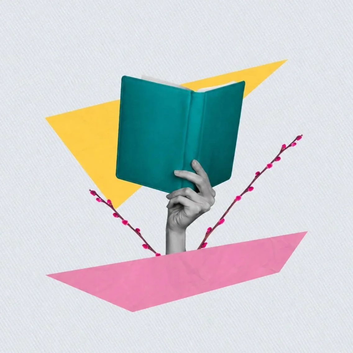 A black-and-white hand holding a green book, with geometric shapes and pink branches around it.