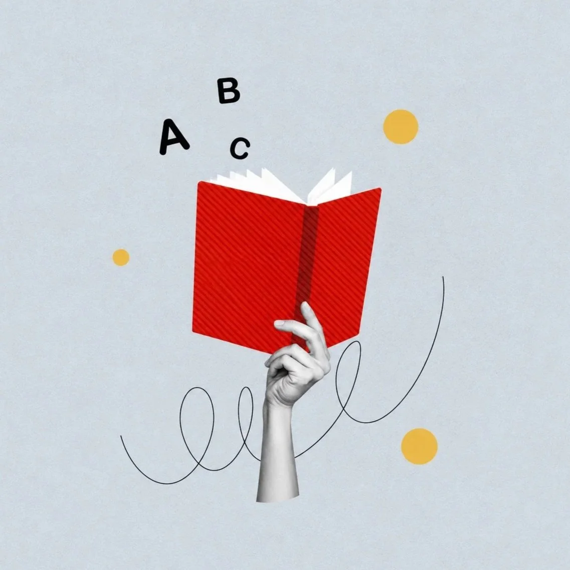 A hand holding a red book with floating letters A, B, and C above it, against a light background with yellow dots and black swirling lines.