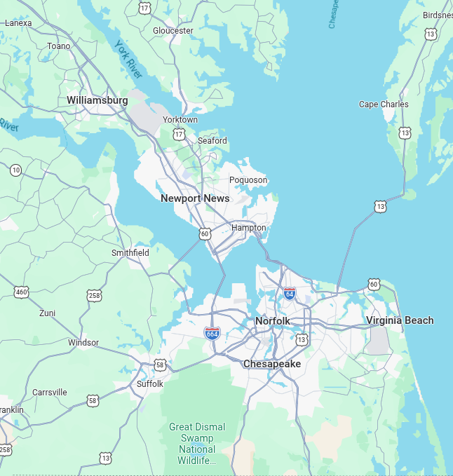 Map of southeastern Virginia showing cities such as Norfolk, Virginia Beach, Chesapeake, Newport News, Hampton, and Williamsburg, with bodies of water including the Chesapeake Bay and the Atlantic Ocean.