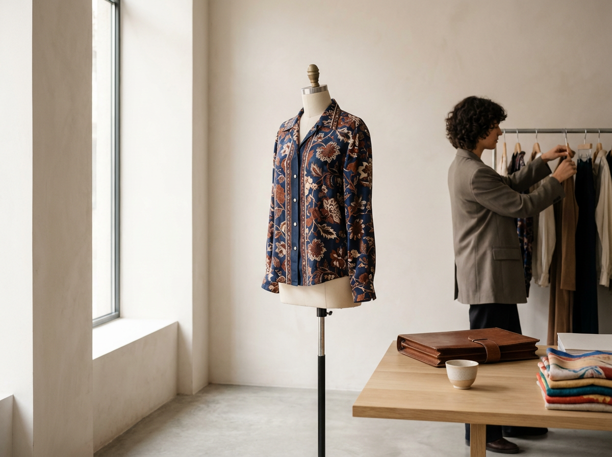 A mannequin with a floral patterned shirt near a window in a clothing store fitting room, with a woman shopping in the background browsing clothes on a rack.