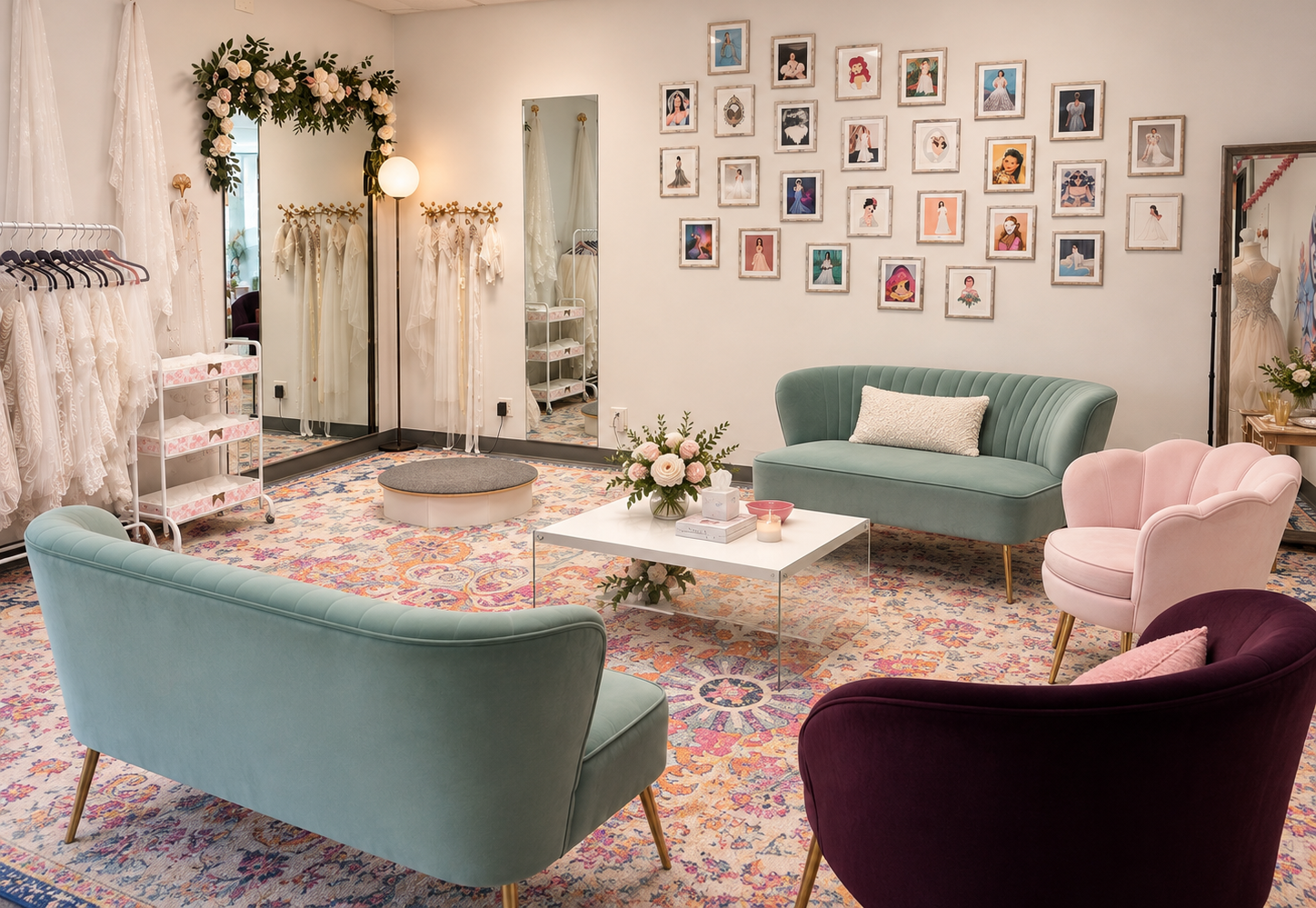 A cozy, feminine bridal boutique with pastel-colored furniture, a floral rug, a white coffee table with a flower arrangement, a pink couch, a teal loveseat, a pink armchair, and a gallery wall of framed bride photos. Dresses are displayed on racks and mannequins.