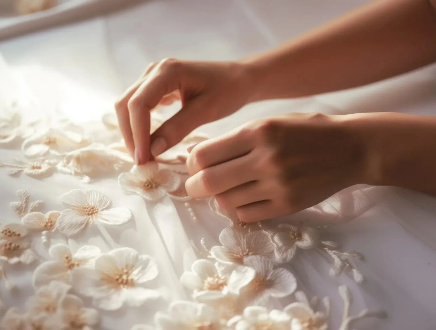 Close-up of a person's hands arranging delicate cream-colored flower embellishments on a white fabric surface.