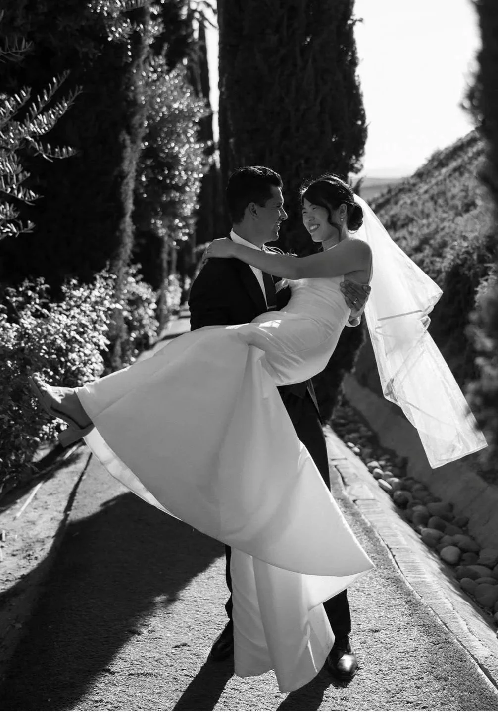 A newlywed couple, man in a suit and woman in a wedding dress and veil, outdoors on a sunny day. The groom is carrying the bride and they are smiling at each other.