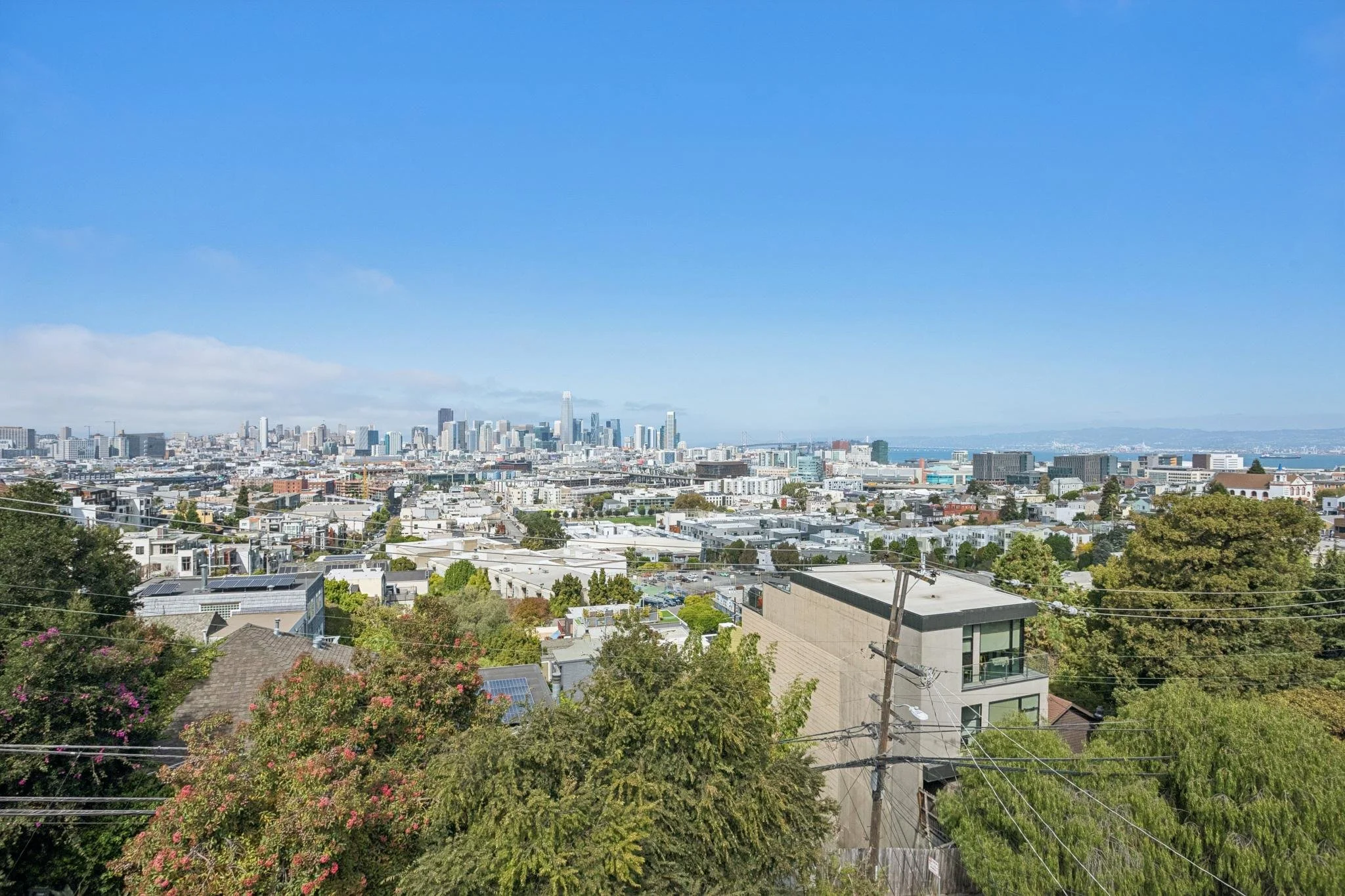 City skyline of San Francisco seen from an elevated vantage point with residential and commercial buildings, greenery in the foreground, and a clear blue sky.
