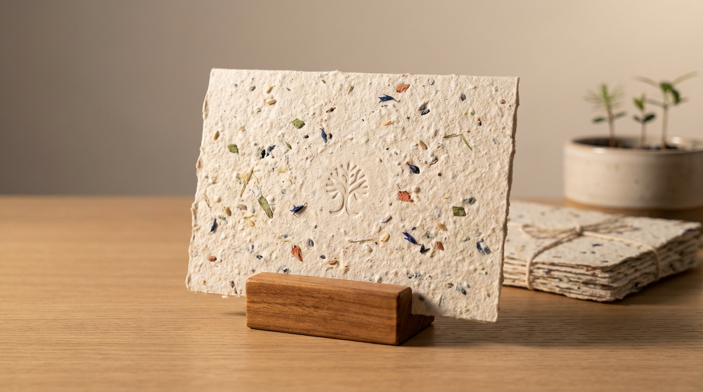 Square textured paper with colorful embedded dried flowers and a tree leaf imprint, displayed on a small wooden stand on a wooden surface.