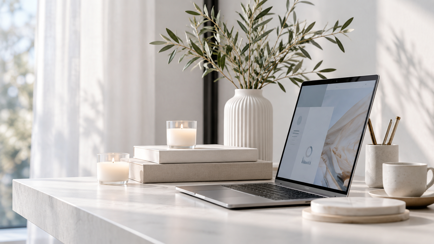Laptop and digital resources in a bright small-business workspace