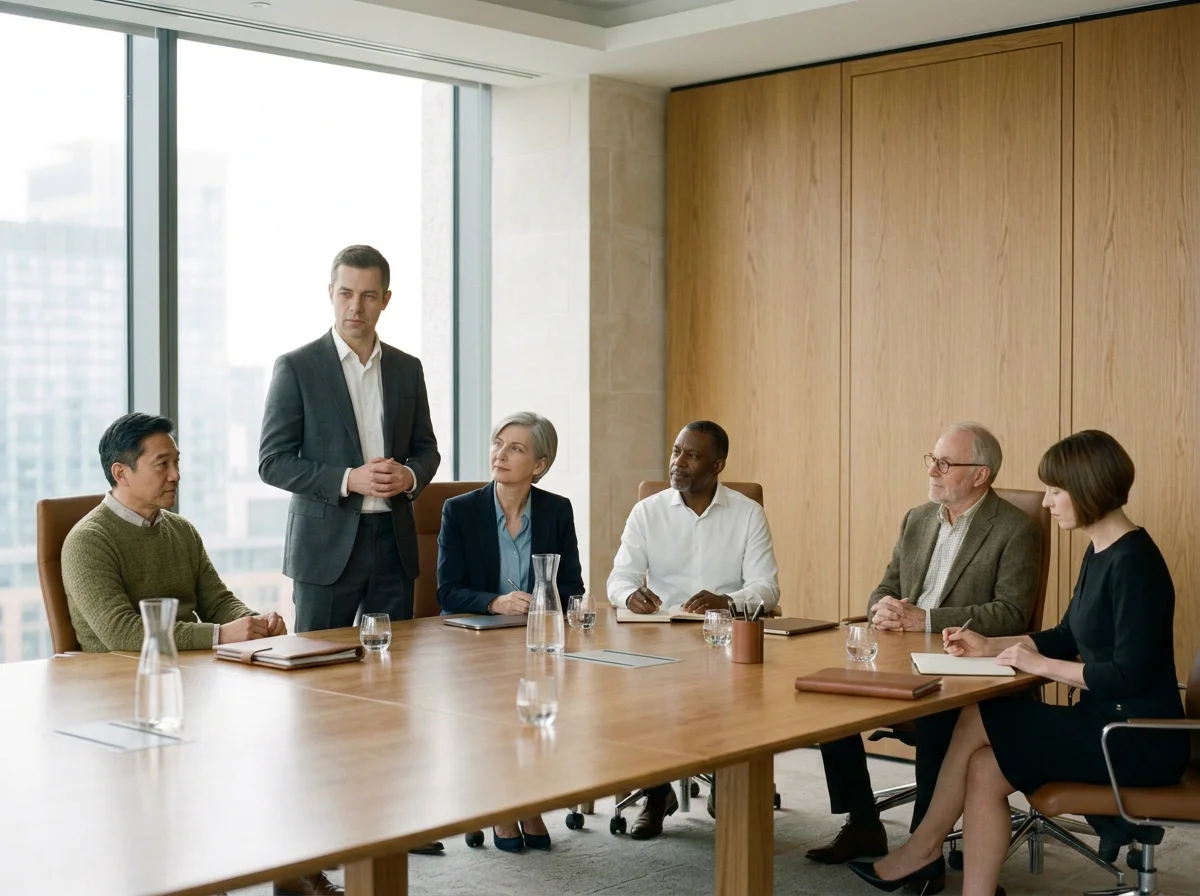 Executive addressing leadership team in boardroom