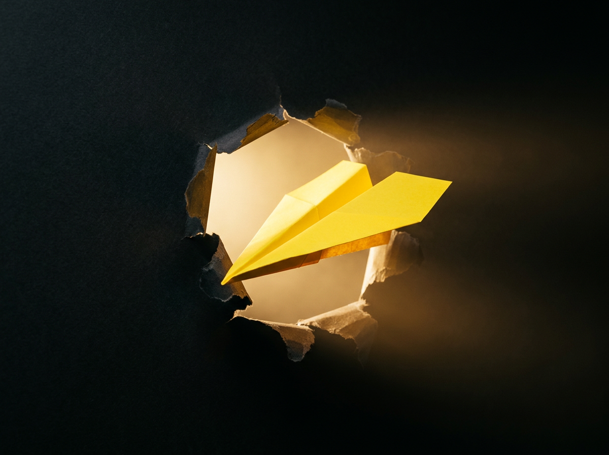Golden paper airplane breaking through a wall