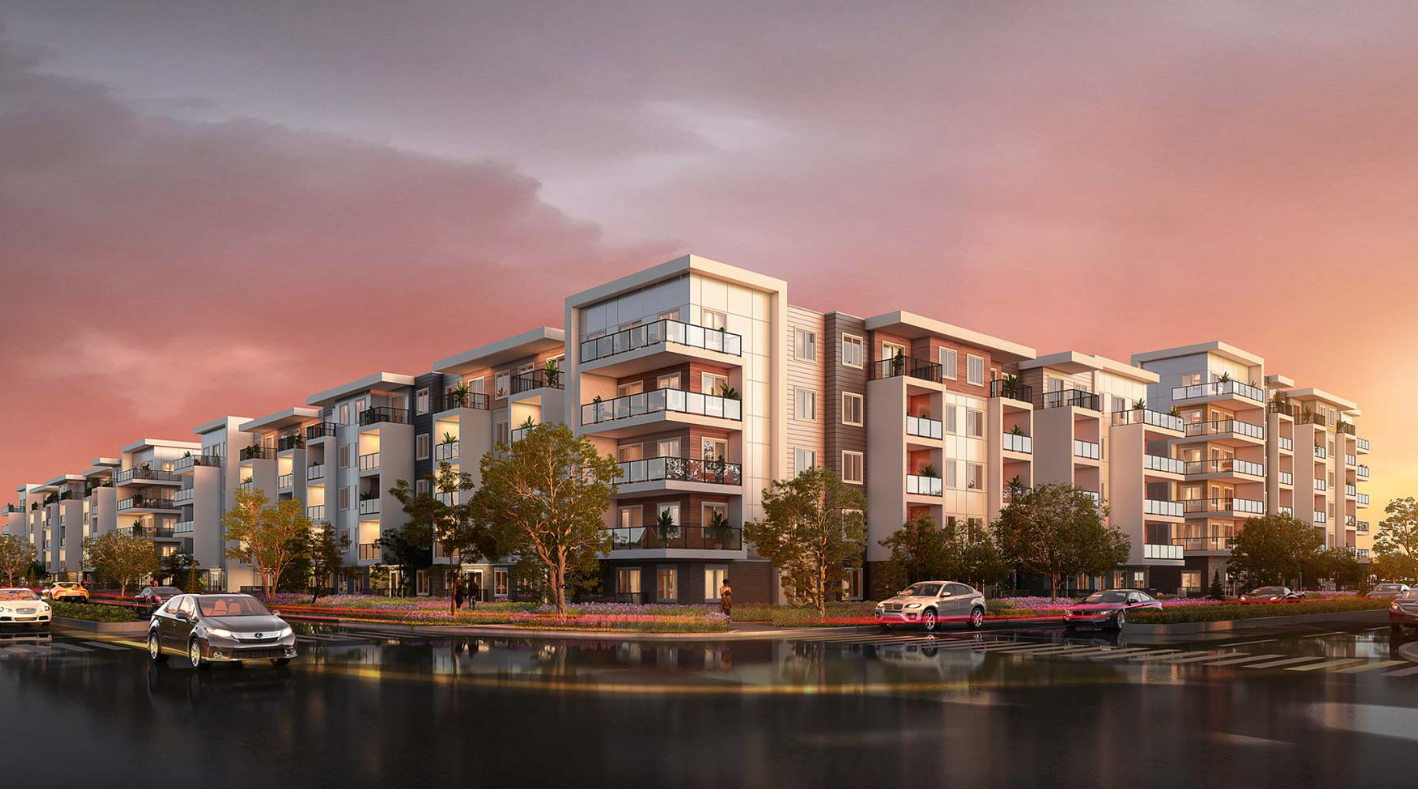 Modern multi-story apartment complex with balconies, trees, parked cars, and a pinkish sunset sky.
