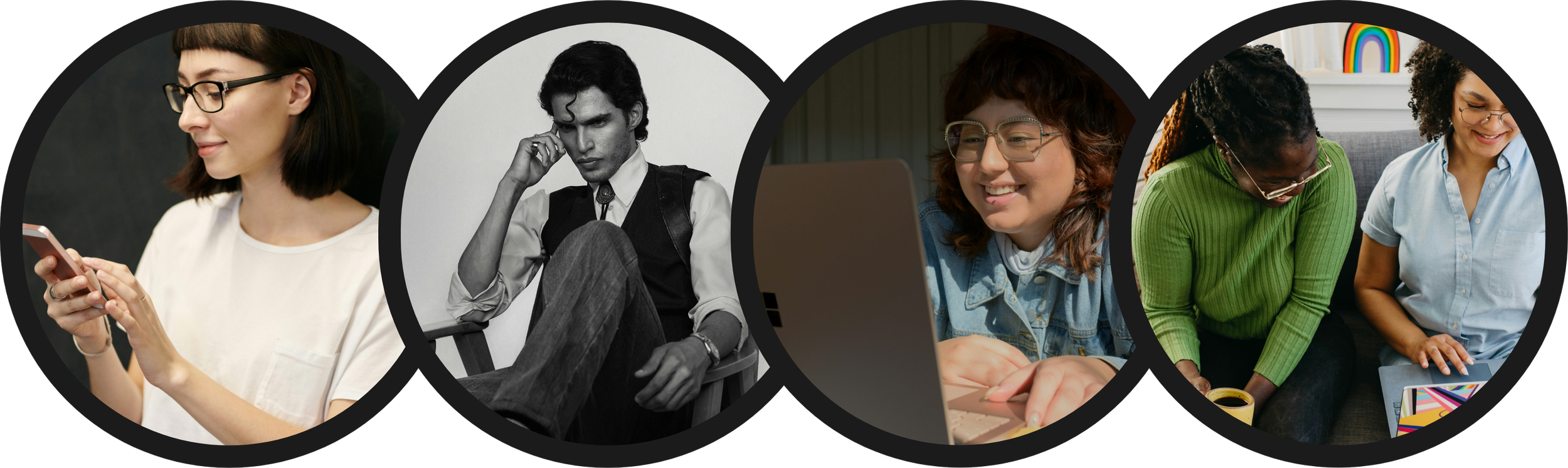 Collage of four people using electronic devices, including a woman with glasses looking at her phone, a man in grayscale sitting with his hand on his face, a woman smiling at her laptop, and two women on a couch with tablets and coffee.
