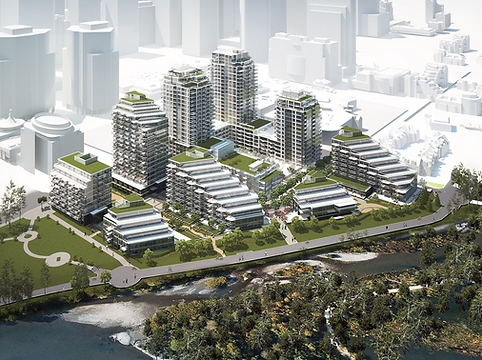 A digital rendering of a modern residential complex with multiple buildings, green rooftops, and surrounding park area, situated along a river in an urban setting.
