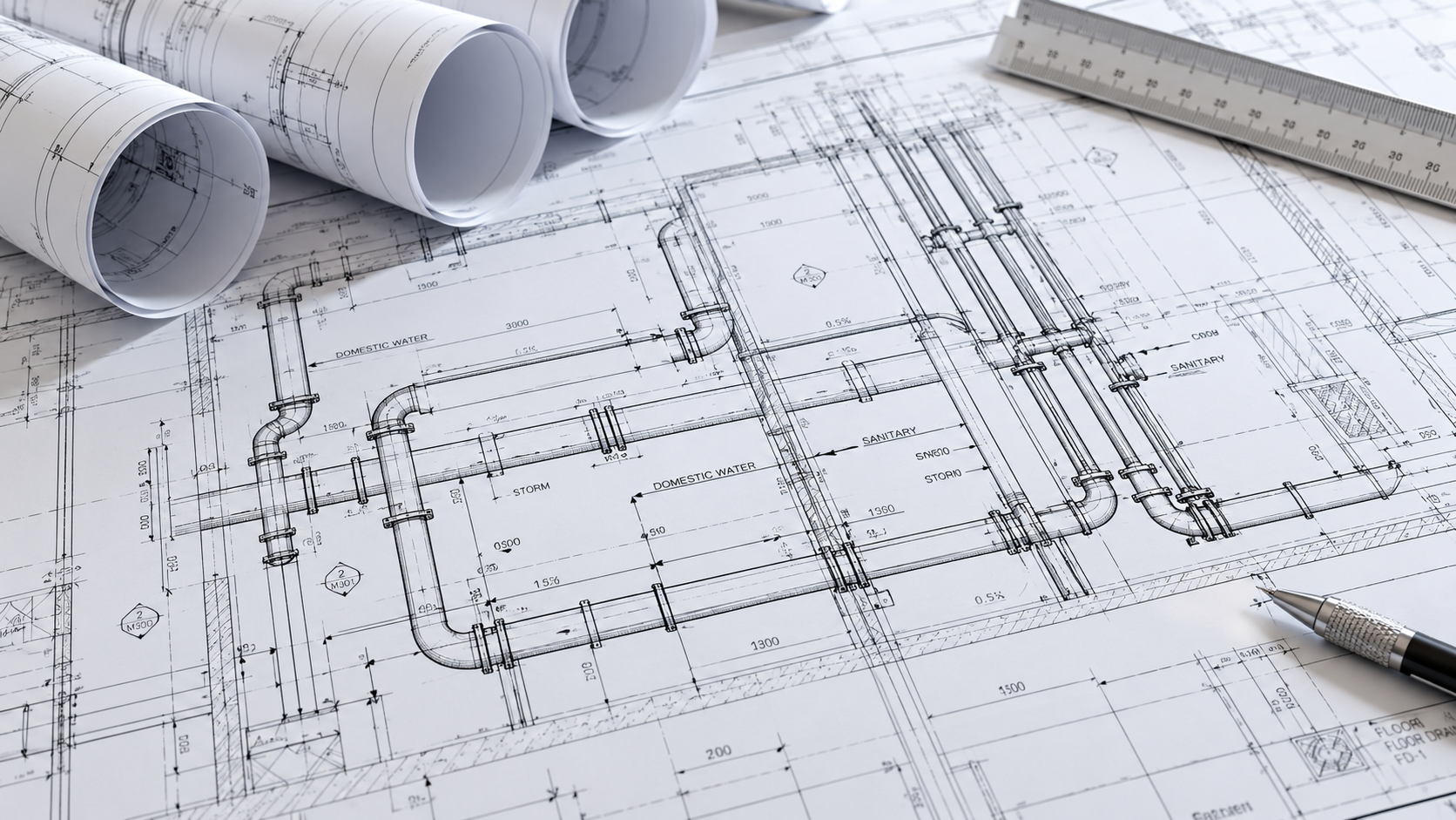 Blueprints and technical drawings of a plumbing system, with rolled-up blueprints, a ruler, and a pen on top of the plans.