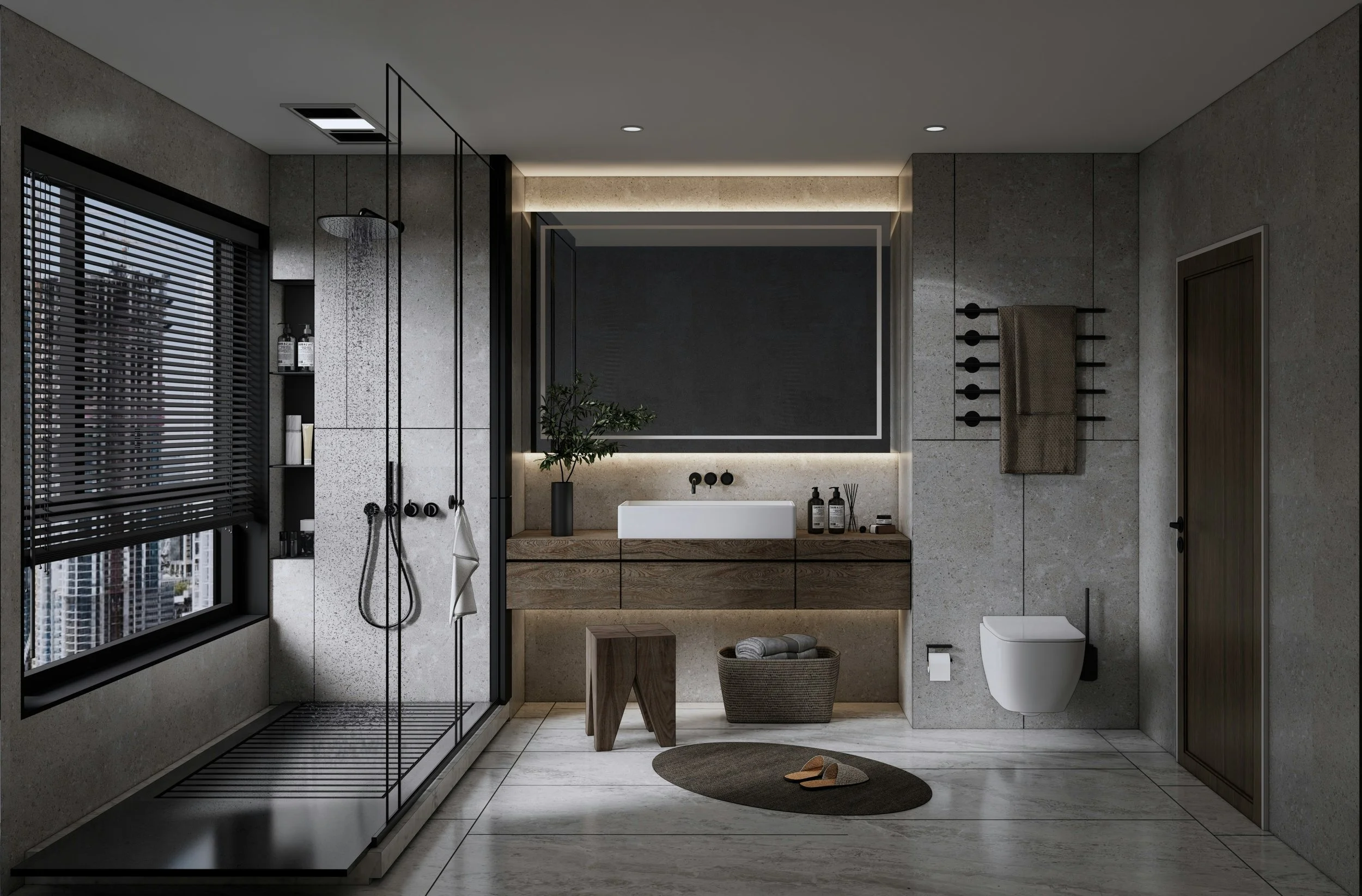 Modern bathroom with a walk-in shower, large window with black blinds, a wall-mounted sink with a mirror, a toilet, and various accessories including plants, towels, and toiletries.