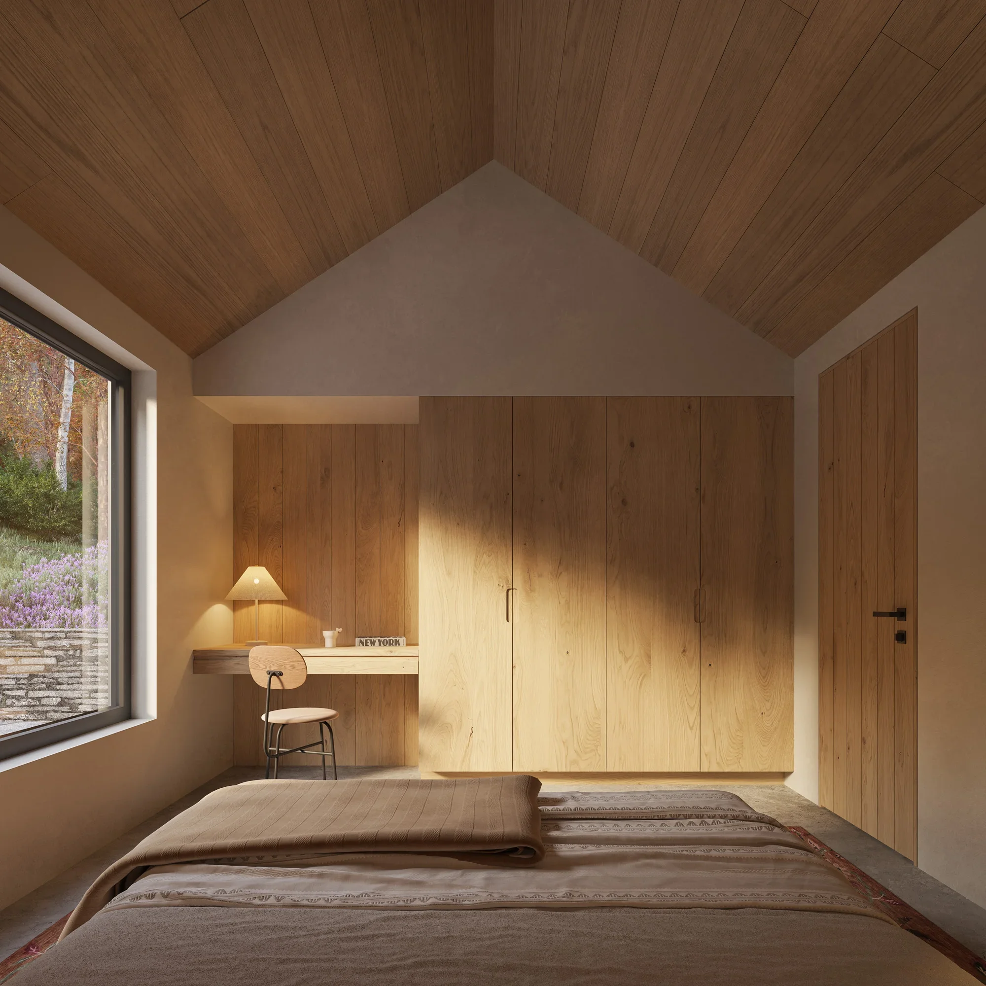 Interior of a bedroom with wooden ceiling and wall, large window showing outdoor greenery, and a bed with a patterned rug underneath.