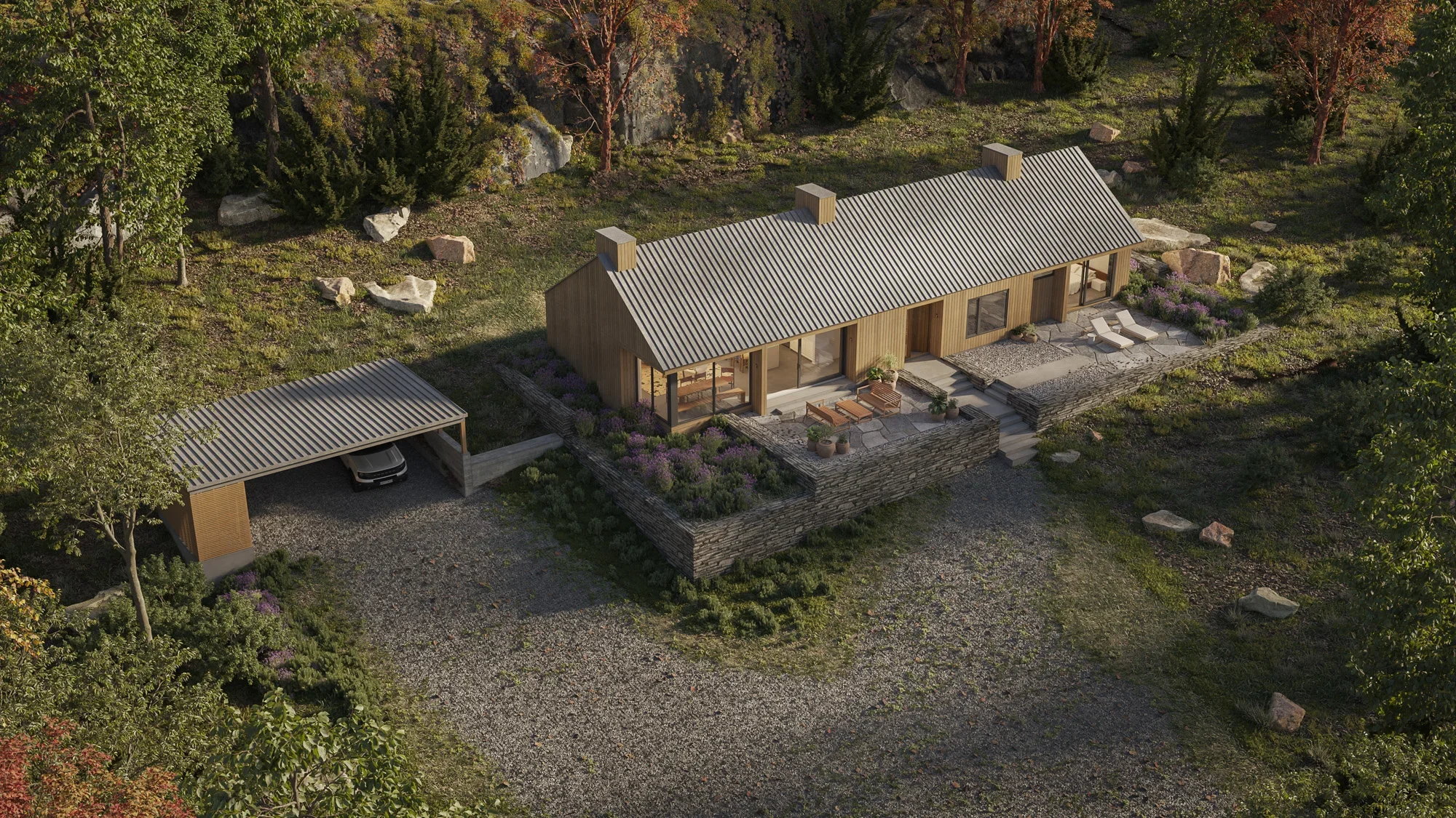 A modern house with a wooden exterior and a sloped roof, surrounded by trees and rocks. It features an outdoor patio with lounge chairs, a stone retaining wall, and a separate carport with a parking space.