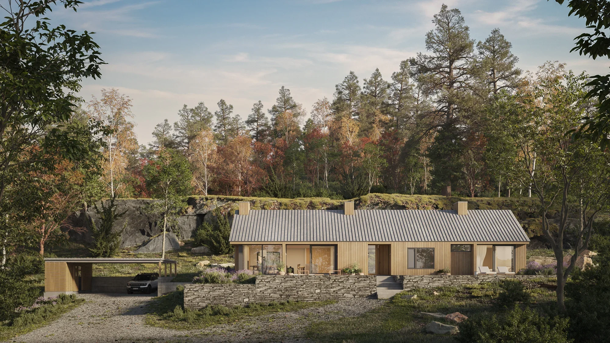 Modern house with wooden exterior, large glass doors, and outdoor seating area, surrounded by trees and overlooking a forested landscape.