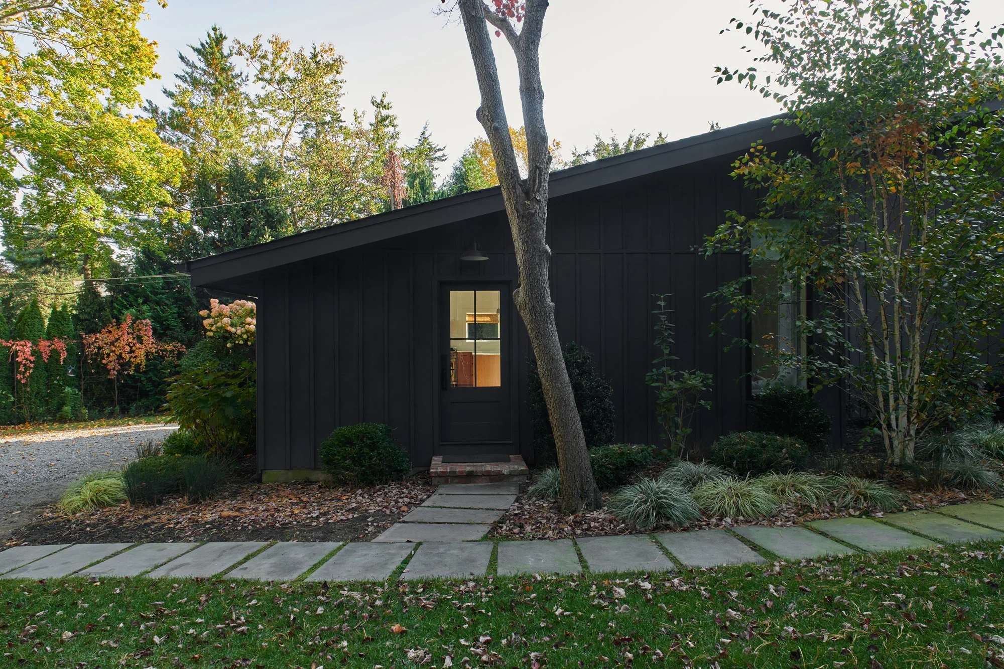 A black house with a single doorway, surrounded by trees and shrubs, with a pathway leading to the door and a grassy area in the front yard.
