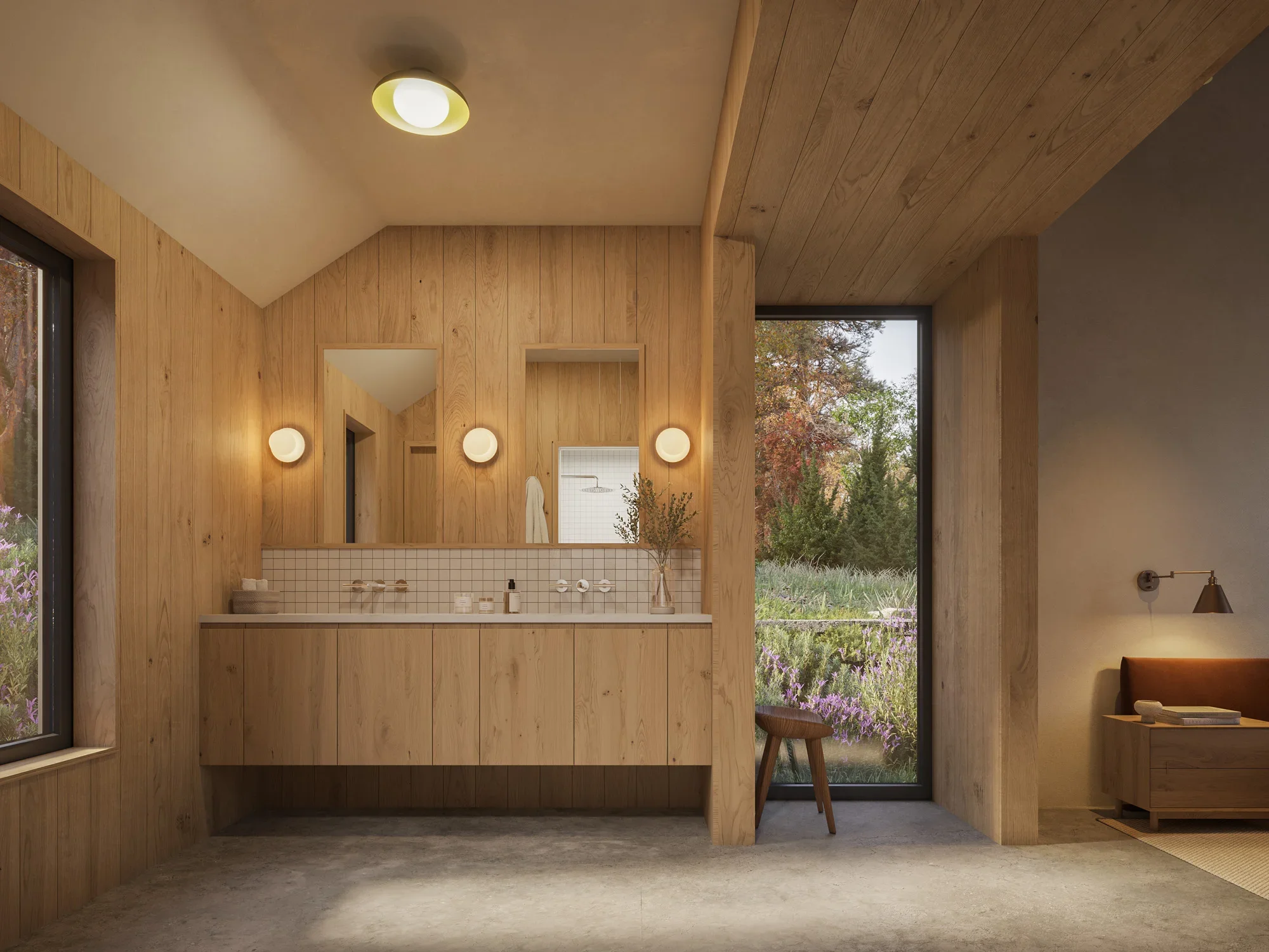 Interior of a modern room with wood-paneled walls, a window showing outdoor trees, and a small countertop or vanity with toiletries, illuminated by wall sconces and ceiling light.
