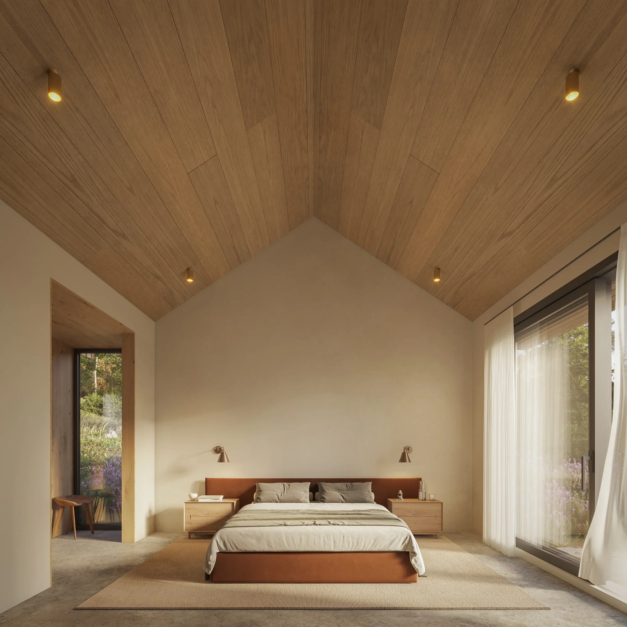 Modern bedroom with wooden ceiling, large window, white curtains, bed with white bedding, two bedside tables, and decorative lamps.