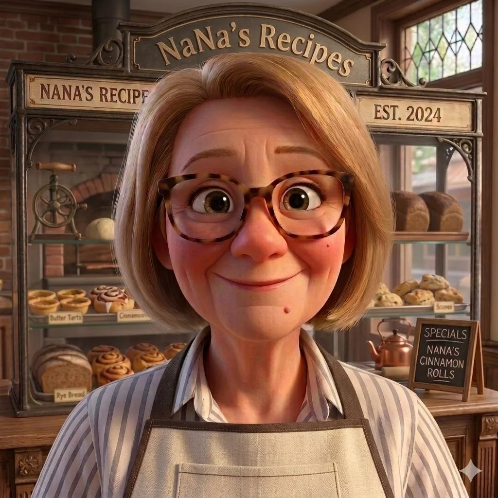 Animated woman with short blonde hair, glasses, and a striped shirt standing in front of a bakery display case. The sign above reads 'NaNa's Recipes,' established in 2024. The display case contains baked goods like cinnamon rolls, butter tarts, and rye bread, with a small chalkboard sign advertising 'Nana's Cinnamon Rolls.'