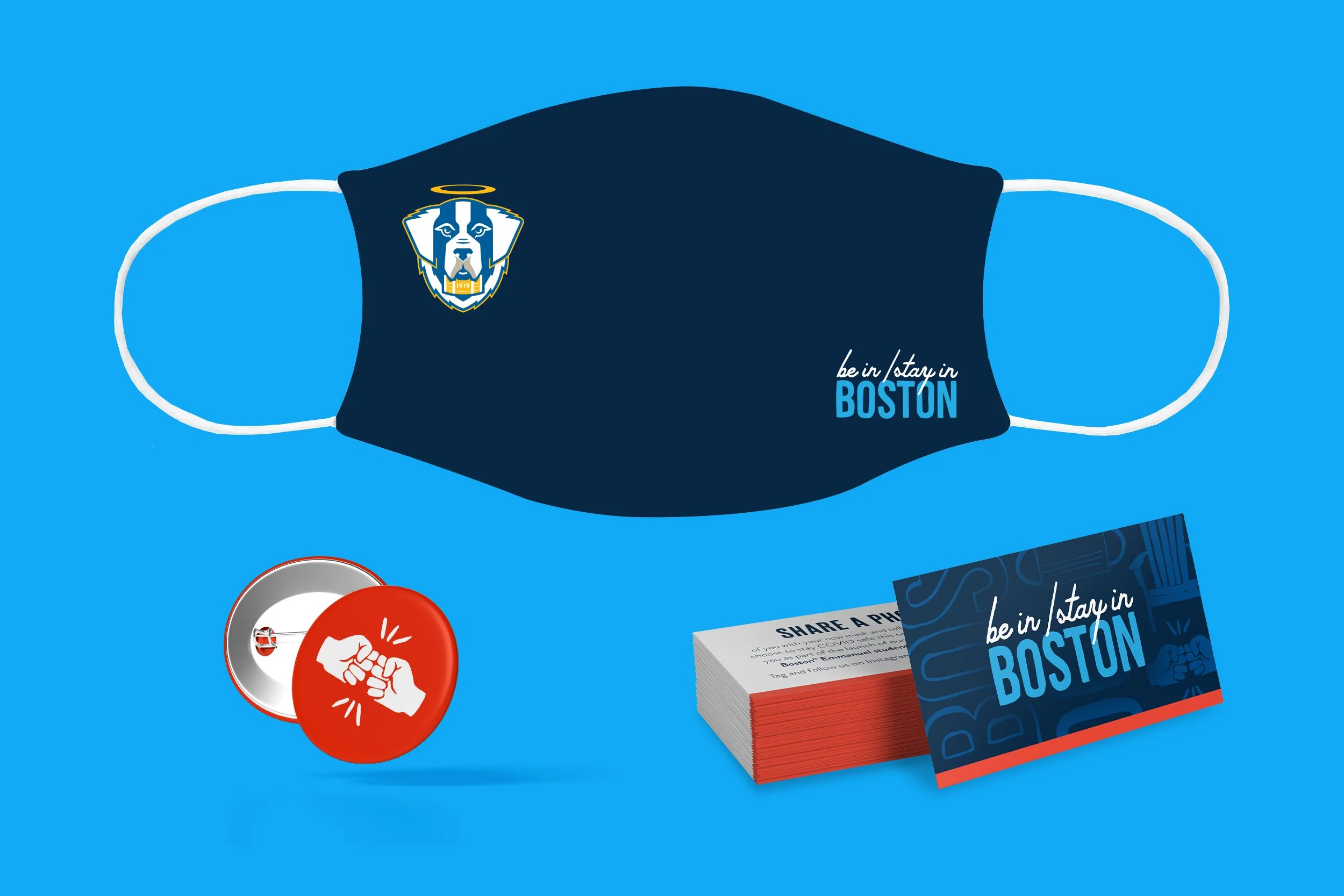Mask design, pins and social account promo cards