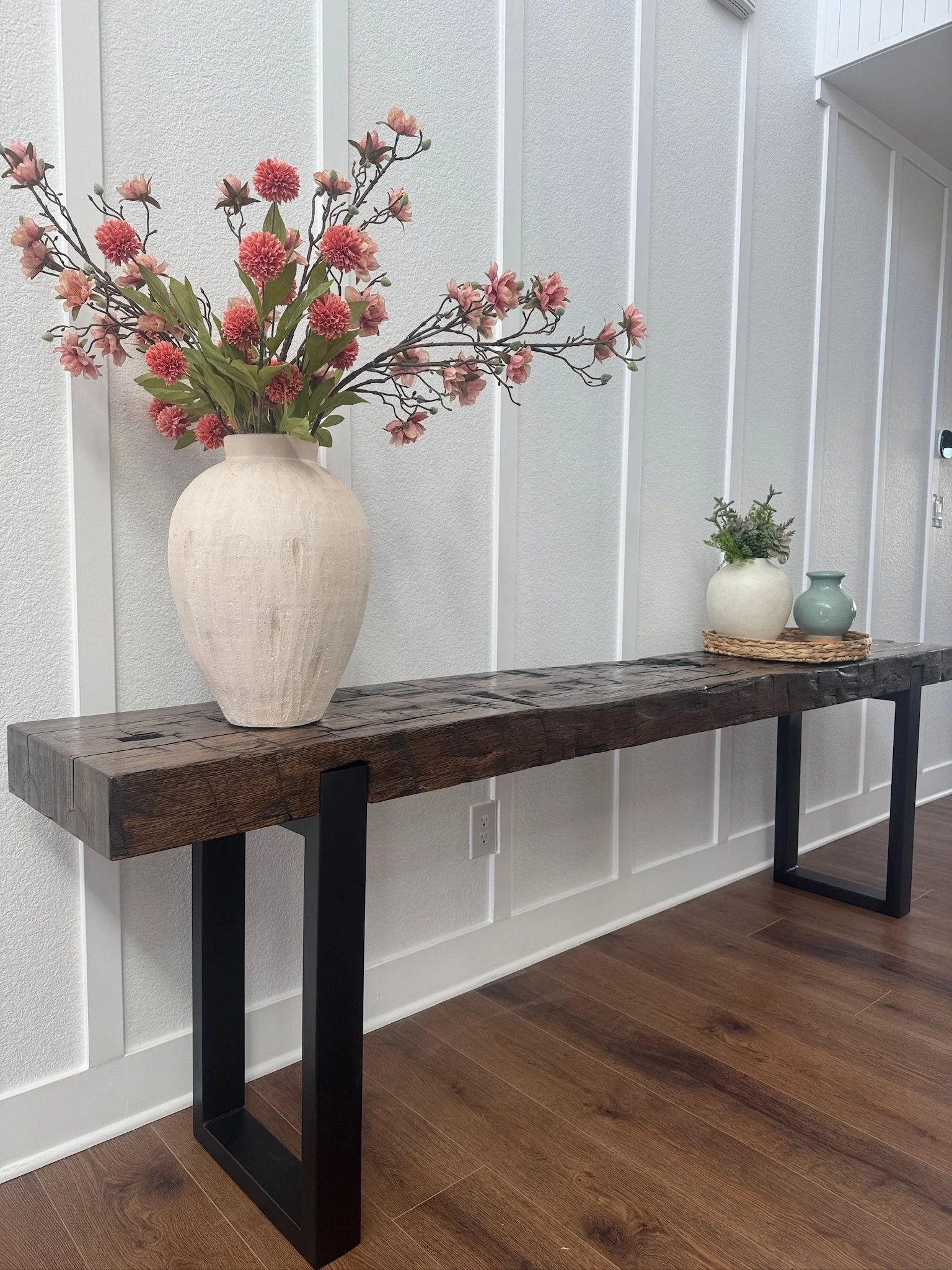 Reclaimed Wood Beam Sofa Table with Metal Legs