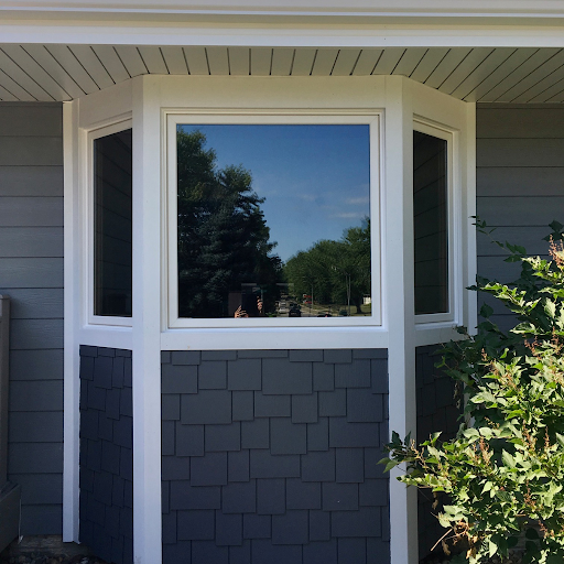 A house window with white framing, surrounded by gray siding and a small green bush on the right side.