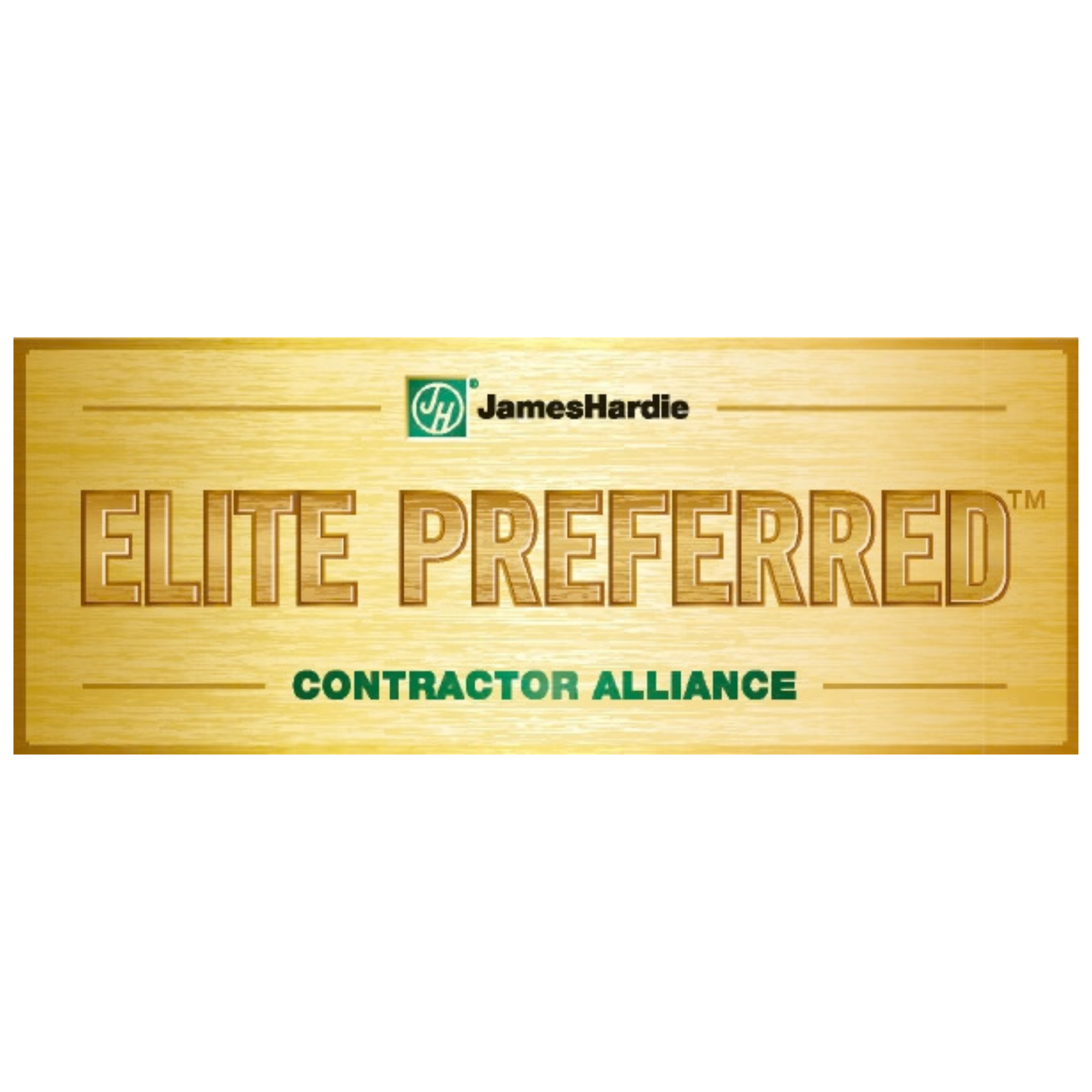 Close-up of a golden wooden plaque with the text "ELECT PREFEITO" and the logo of James Hardie, a construction materials company, along with the phrase "CONTRACTOR ALLIANCE."
