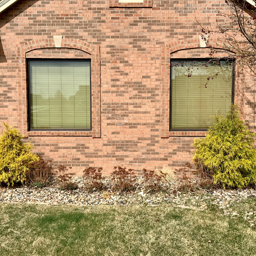 Brick building with two large windowpanes and yellow-green bushes in the foreground.