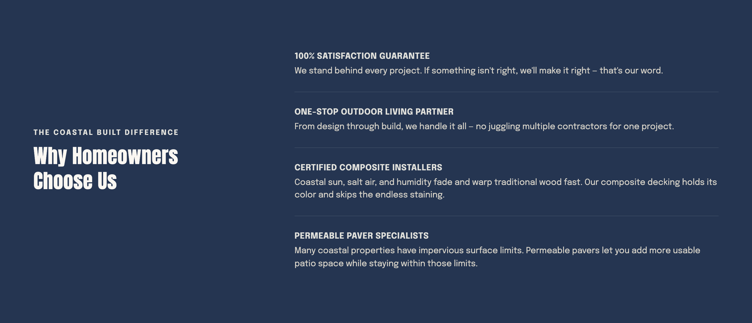 Company flyer with dark blue background and white text, titled "Why Homeowners Choose Us". It lists reasons such as satisfaction guarantee, outdoor living partners, certified installers, and permeable paver specialists.