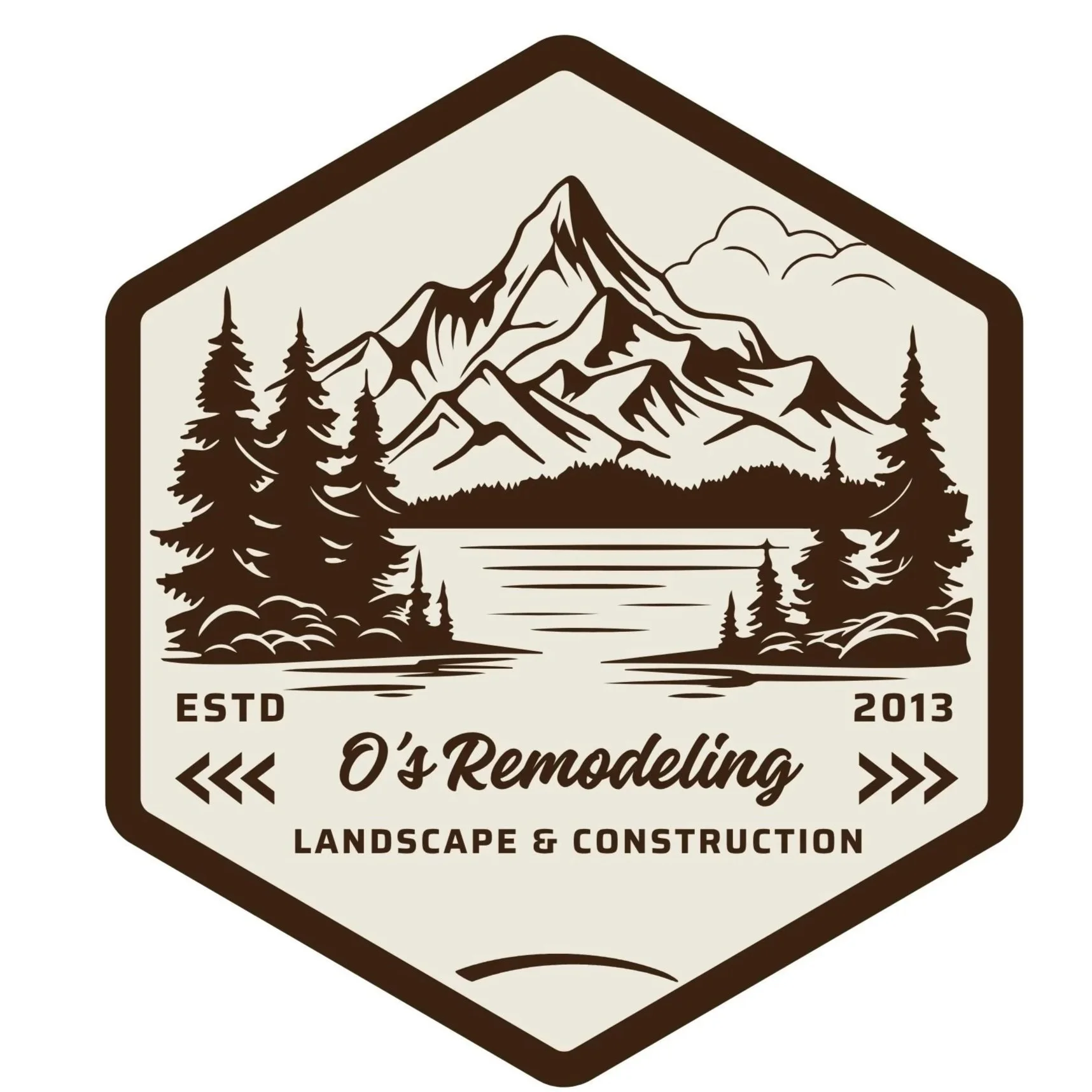 A badge-style logo with a mountain, trees, and lake scene, with text indicating it's for O's Remodeling, established in 2013, specializing in landscape and construction.