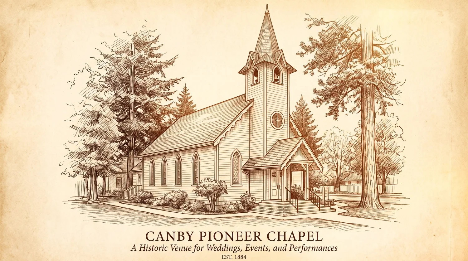 Sepia illustration of Canby Pioneer Chapel