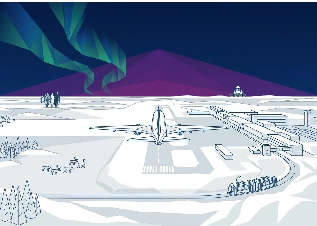 Illustration of an airport runway with an airplane, a train, trees, and a building in the background, with northern lights in the night sky.