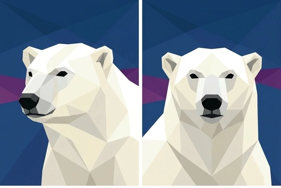 Two low-poly style illustrations of polar bears on a geometric blue background.