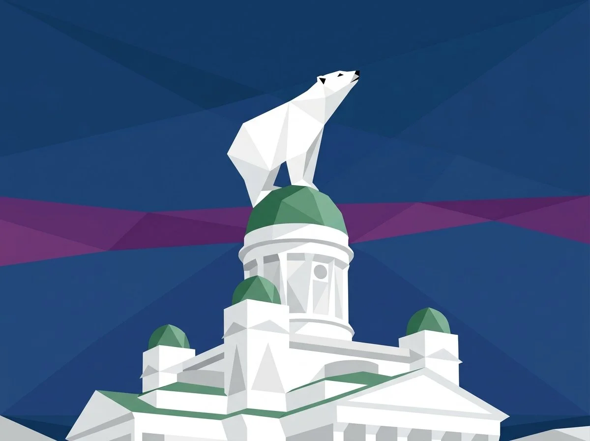 A geometric illustration of a white polar bear standing on top of a domed building with green roofs, against a dark geometric sky.