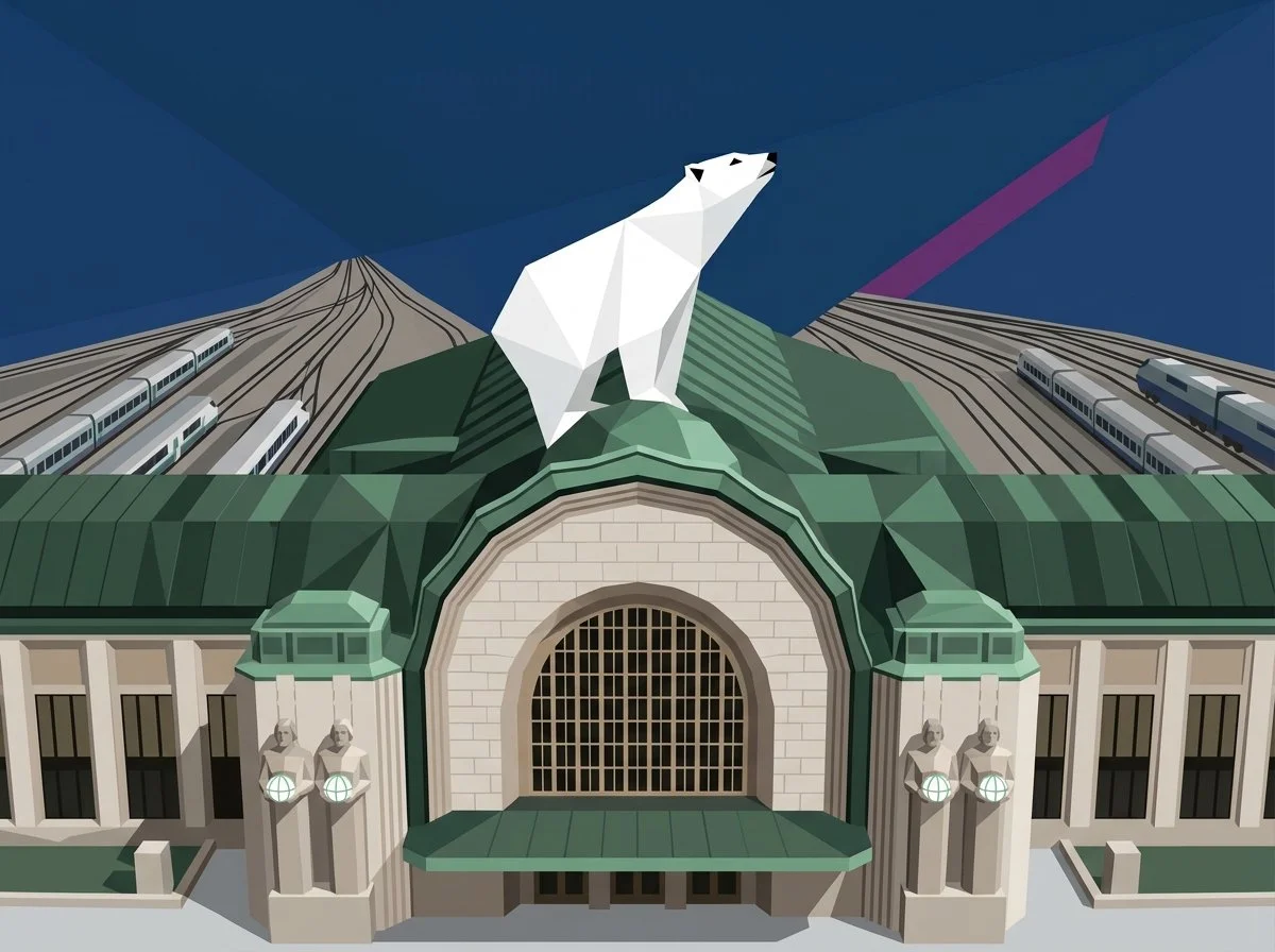 A geometric illustration of the Helsinki Railway Station with a polar bear sitting on the bridge's roof, trains on either side, and a dark sky in the background.
